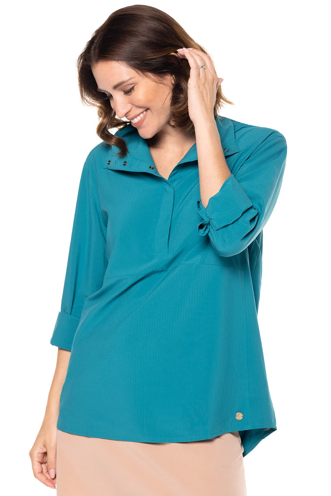 Women's Catona Funnel Neck Tunic Top  |  Tahitian Teal Shadow Stripe