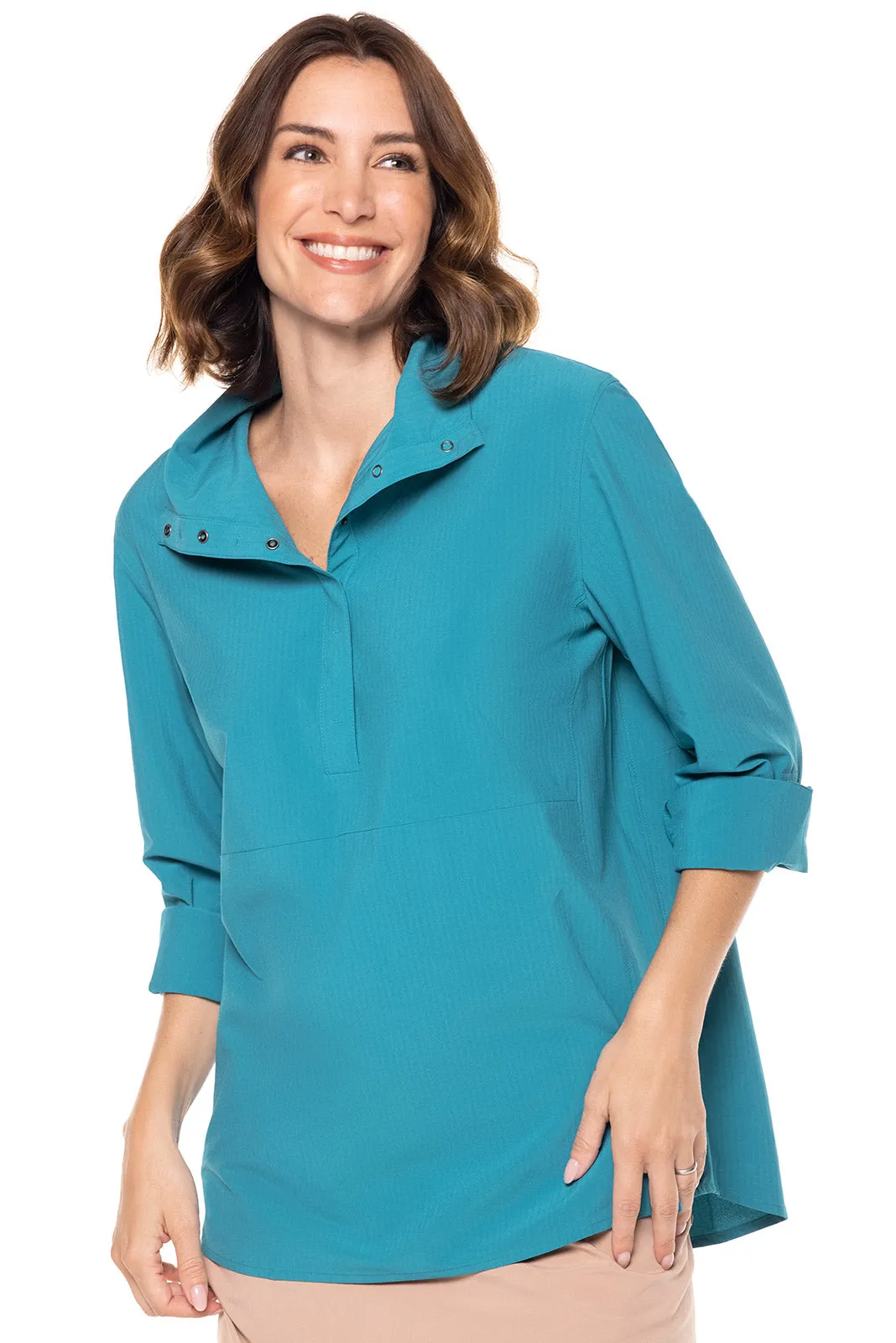 Women's Catona Funnel Neck Tunic Top  |  Tahitian Teal Shadow Stripe