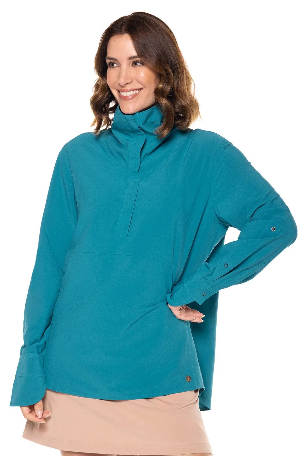 Women's Catona Funnel Neck Tunic Top  |  Tahitian Teal Shadow Stripe