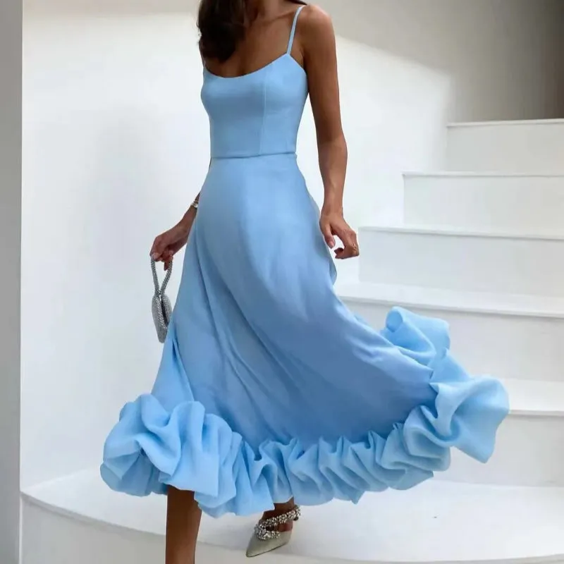 Women's Elegant Raffled Hem Sleeveless Midi Dresses