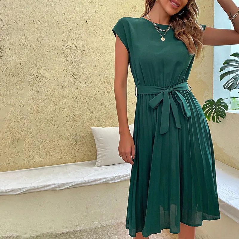 Women's Elegant Short Sleeve Pleated Midi Dresses with Belt