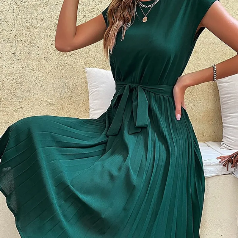 Women's Elegant Short Sleeve Pleated Midi Dresses with Belt