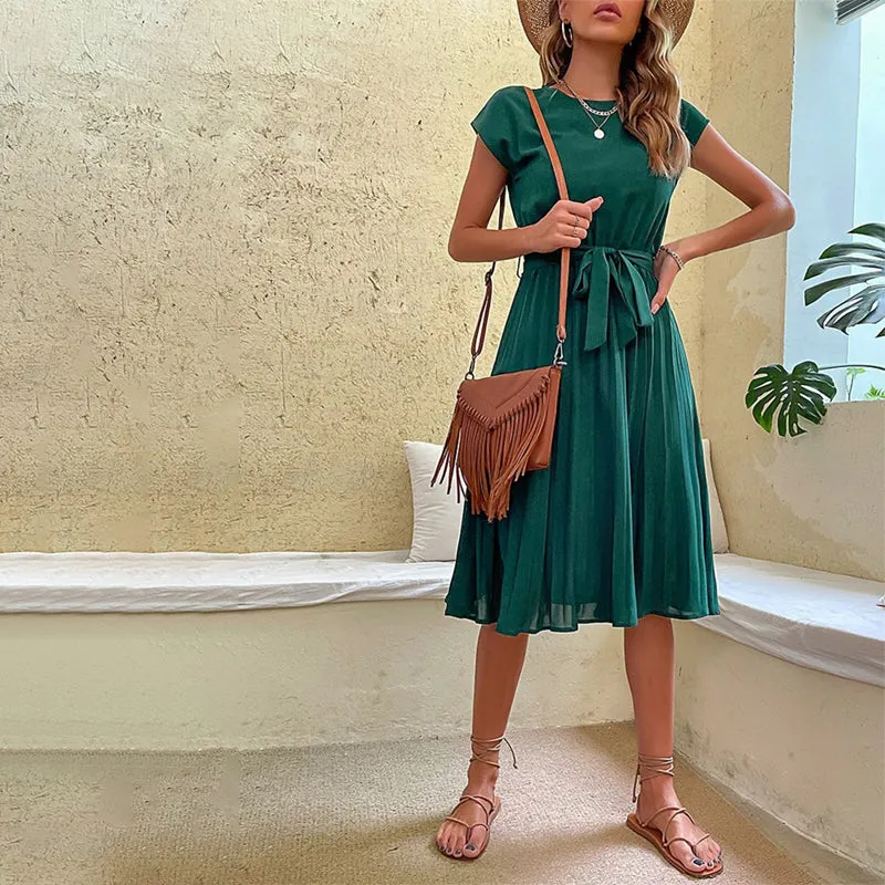 Women's Elegant Short Sleeve Pleated Midi Dresses with Belt