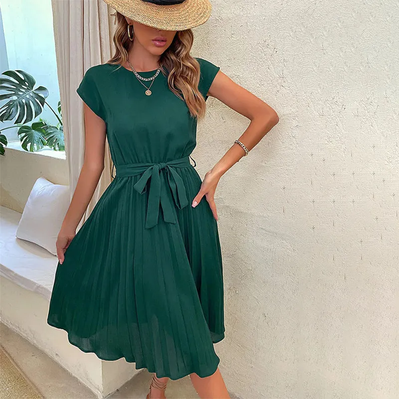 Women's Elegant Short Sleeve Pleated Midi Dresses with Belt