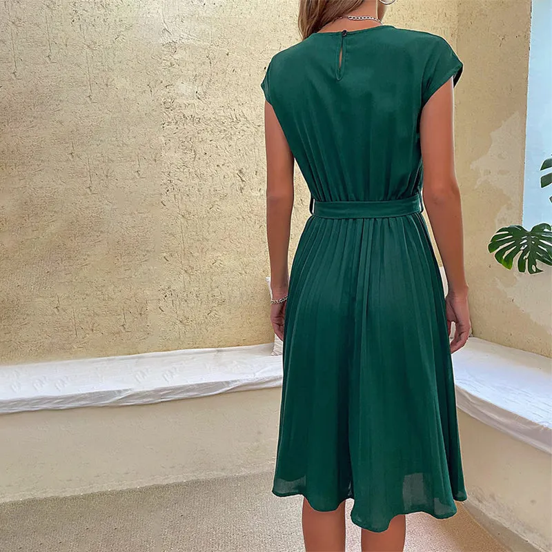 Women's Elegant Short Sleeve Pleated Midi Dresses with Belt