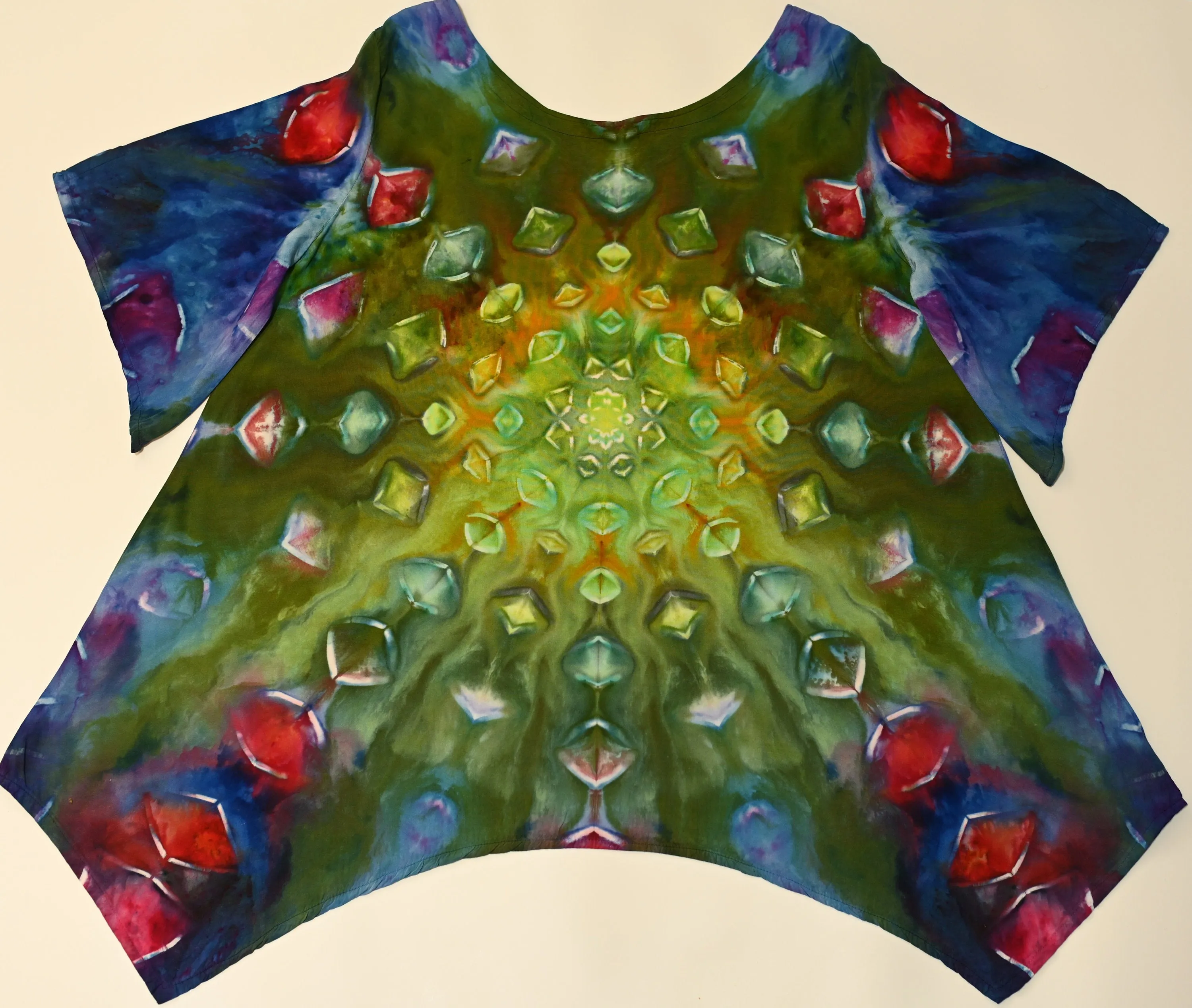 XL Alien Eyes Ice Dye Tie Dye on a Dharma Trading Company Asymmetrical 100% Rayon Tunic with Flare Sleeves