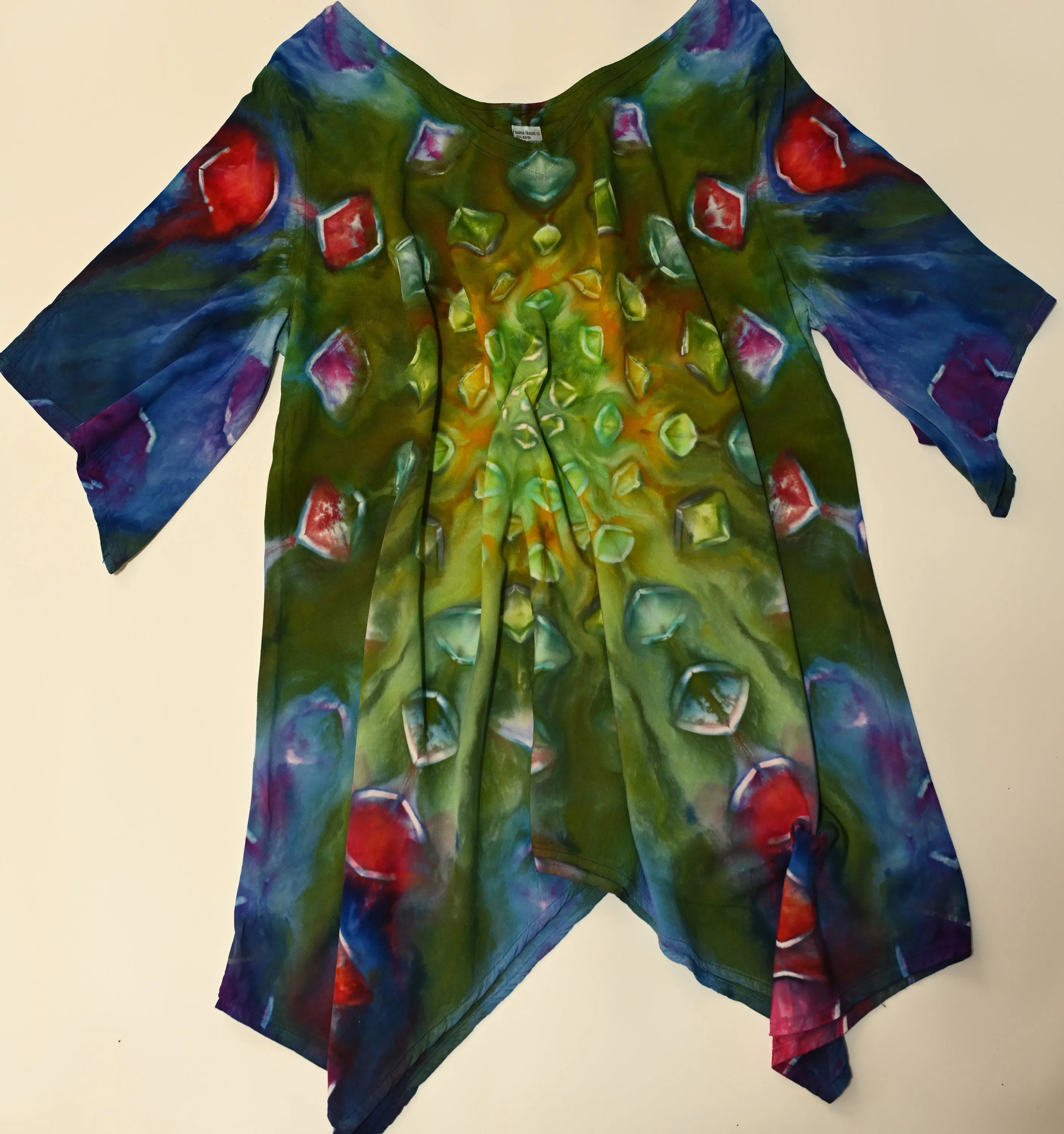 XL Alien Eyes Ice Dye Tie Dye on a Dharma Trading Company Asymmetrical 100% Rayon Tunic with Flare Sleeves