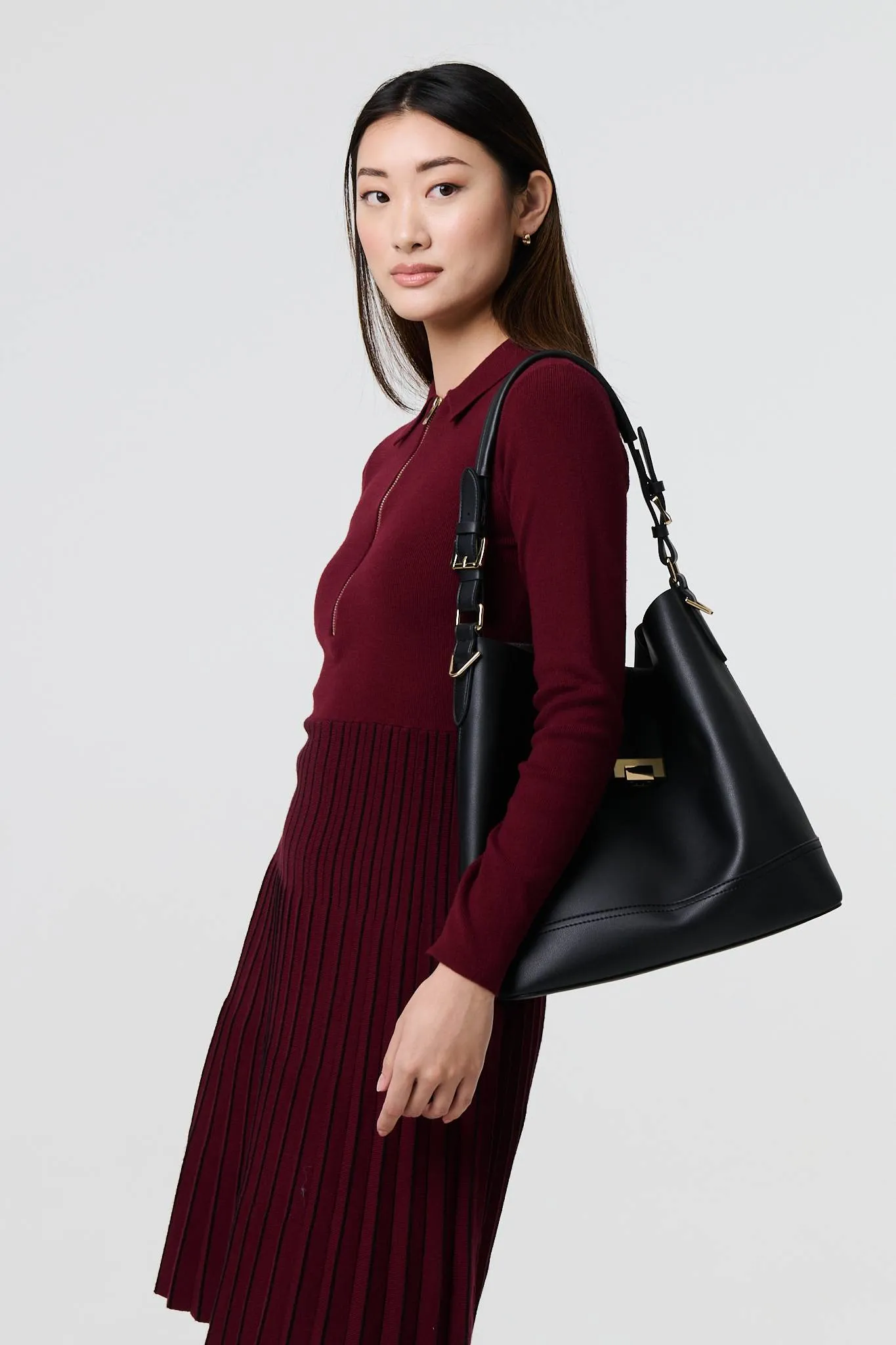 Zip Collar Pleated Knit Midi Dress